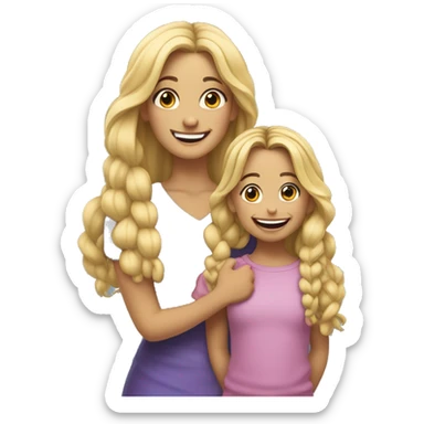 An emoji of a blonde mother with very long hair and a cheerful expression, standing next to her 3-year-old daughter, a small girl with black hair styled in two braids, both smiling happily together sticker