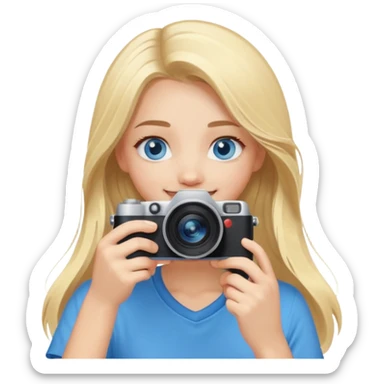  blue eyes blonde girl photographer cartoon taking picture in middle of taking picture camera in front of face long hair smiling funny flash professiona sticker