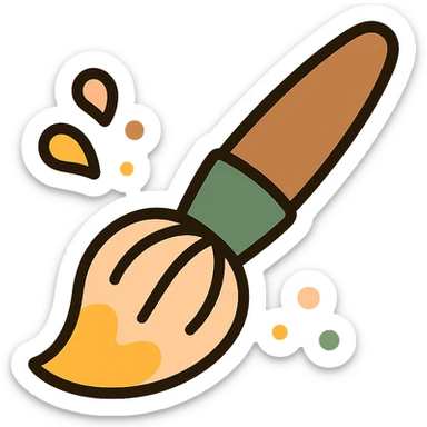 A cute and whimsical artist's paintbrush with a soft and cozy design, featuring a warm color palette: golden orange (FA9B41), deep forest green (4A7C5C), muted taupe brown (96775A), and pastel peach (FFCC9A). The brush has a delicate wooden handle in muted brown, with the bristles slightly fanned out, holding a touch of paint in shades of peach and orange. The tip of the brush is dipped in a soft golden hue, and tiny splashes of paint in the palette’s colors are gently scattered around. The overall mood is playful, artistic, and charming, evoking a sense of creativity and warmth. sticker