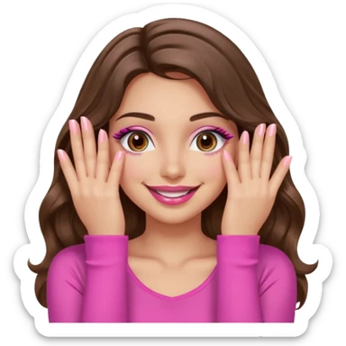 girl with long wavy brown hair, brown eyes, long lashes, sexy pink lips, light to medium complexion, wearing a pink sexy top, smiling, hands covering over the eyes sticker