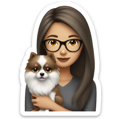 Brown hair girl with glasses holding a white and grey pomeranian sticker
