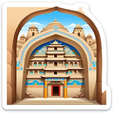 Mogao Caves Dunhuang with colorful Buddhist murals, simplified emoji style with bold outlines and bright colors, cartoon style cave entrance with paintings sticker