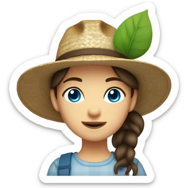 farmer girl, bright blue eyes, dark brown hair, with a straw hat, ponytail, holding greens sticker