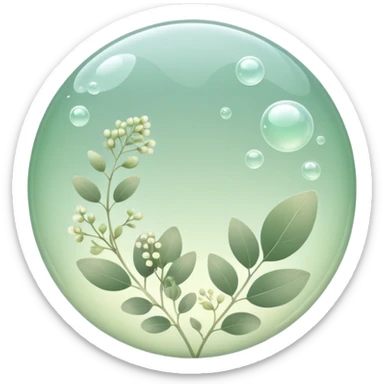 Soft muted sage green aesthetic, minimal spring theme, airy and clean composition, soft natural lighting, translucent bubbles, delicate leaves and tiny flowers, modern iOS-style design, glossy subtle gradients, pastel tones, calm and fresh mood, minimal background, high resolution, dreamy soft focus sticker