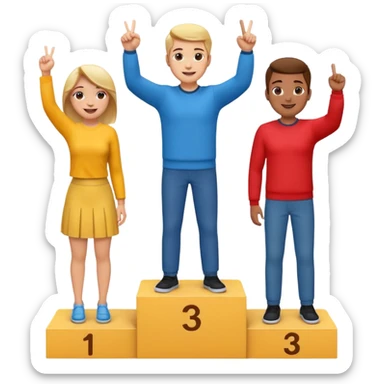 three casually dressed people on a winners podium with no label, middle step higher, each on their step, center person holds up one finger on each hand, fun expressive cheerful emoji style sticker