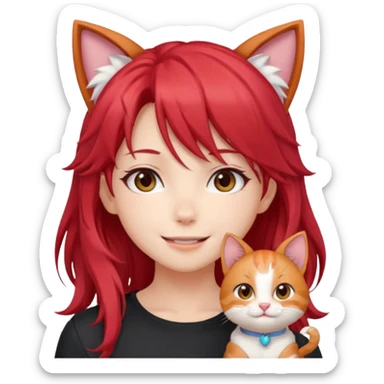 cute anime girl with cat ears, red blowing hair sticker