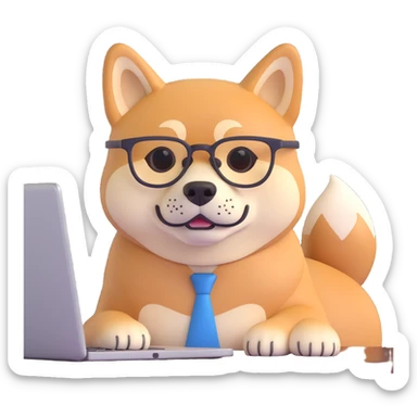 shiba inu with eye glasses and computer sticker