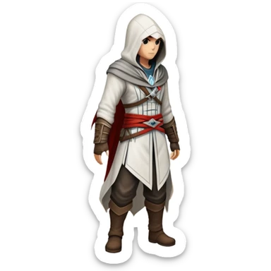 An icon representing an adventure game, inspired by Assassin's Creed. The design features a heroic character in hooded attire, scaling a tall building in a historical cityscape. The background shows ancient architecture and hidden symbols, symbolizing exploration and stealth. Transparent background sticker