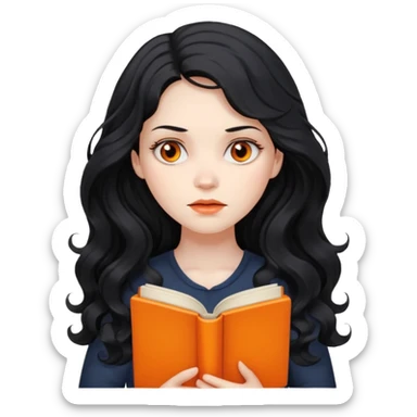 Long Hair Women with orrange Book, Black wavy hair, sad

 sticker