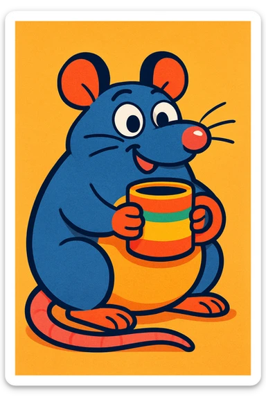 a chubby rat holding a mug, fun illustration style, colorful, playful sticker