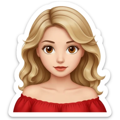 a beautiful girl with wavy and dark blond hair and her eyes are brown. The girl from once has a beautiful red blouse in which from the shoulders starts  sticker
