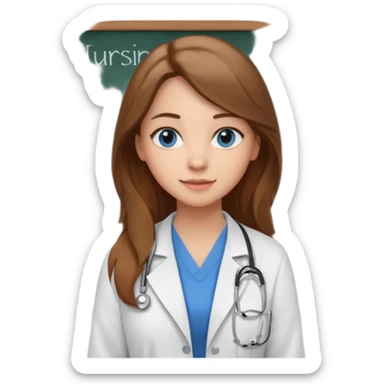 university classroom that says nursing school on the blackboard with a pretty female nursing student with long brown hair, blue eyes sticker