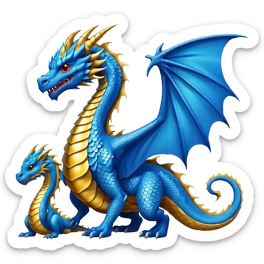 Giant blue dragon stood next to a small golden dragon sticker