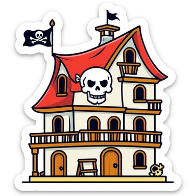 old pirate's house with skull flag sticker