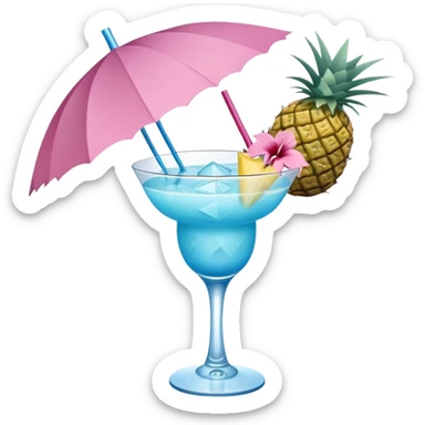 blue tropical cocktail with hibiscus, pineapple, and tiny pastel paper umbrella garnishes sticker