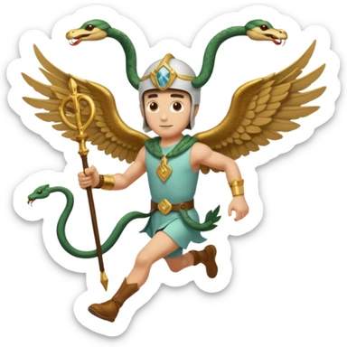 a guy (hermes) running with his caduceus (winged staff + two nakes) and a petasos on his head (winged helmet) sticker
