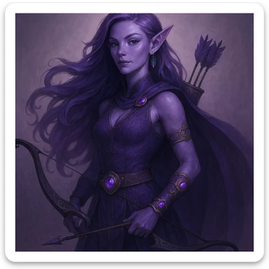purple fantasy elf archer, standing confidently, long flowing hair, enchanted accessories sticker