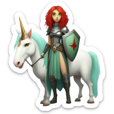 medieval shield: ([politically incorrect, (
	{ female, alien, witch, color: light green, hair:red, eyes:cat} ]
	on a 
	[{ unicorn: white, legged:four, mane: light blue }])) sticker