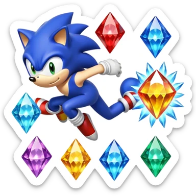 I want Sonic the hedgehog with the 7 chaos emeralds and the Goku aura transformation, where is the super Sonic aura Is a power 7 diamonds, red, blue, yellow, green, white, skyblue and purple, and Sonic changed color into yellow with the seven diamonds or chaos emeralds, and the spine is up sticker