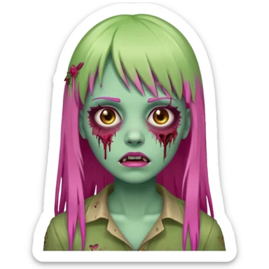 Create a female zombie emoji with long, straight hair in hot pink and bangs. sticker