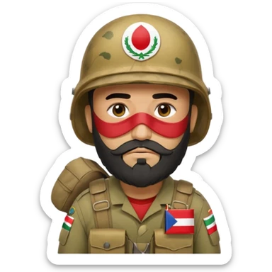 A tired and sad, swarthy Iraqi soldier with a beard, an Iraqi flag on his helmet, a sad expression and bags under his eyes sticker