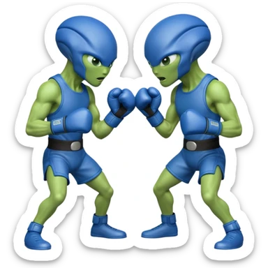 two aliens boxing in a fight stance, facing each other with raised gloves, dynamic action pose, intense expressions, sci-fi arena vibe, 3D cartoon style, mobile game icon style, clean background, no text, no watermark
 sticker