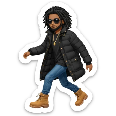 African American man brown skin complexion with black dreadlocks shoulder length wearing black bubble winter coat wearing black sunglasses with denim skinny jeans and timberland boots standing running sticker