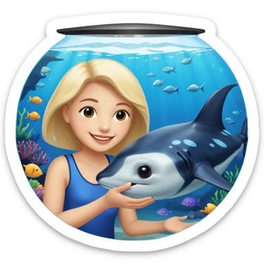 une personne qui est devant un aquarium où on peut carreser des raies menta sticker