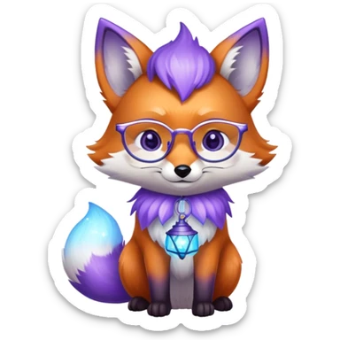 Laughing with tears of joy 😂 — a small magical fox with shimmering purple and blue fur, a glowing fluffy tail, a silver star on its forehead, round glasses, and a tiny lantern. sticker