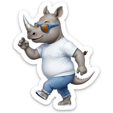 friendly anthropomorphised rhino in jeans and t-shirt, wearing dark sunglasses, jogging upright, standard pose sticker