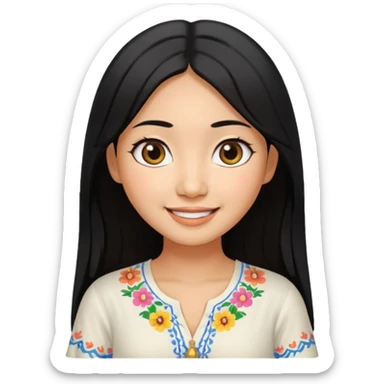 30 yr old asian woman center parted hair big eyes big smile tanned skin straight black hair hippie part hair white blouse sticker