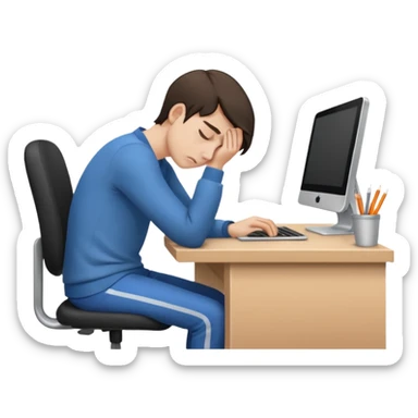 person experiencing burnout, exhausted and overwhelmed, tired eyes, slumped posture, sitting at a desk, iOS emoji style sticker