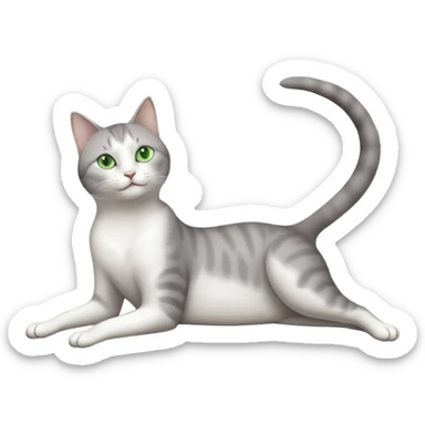 grey and white cat with green eyes doing a big extremely long stretch reaching up into the air with arms and legs side by side together straight and overextended whilst lying on its side sticker