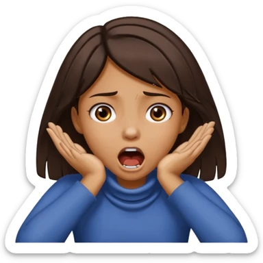 girl with tan skin and dark brown hair with two hands on her neck (overlapping) choking with mouth open and eyes crazy sticker