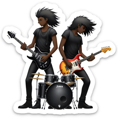 Icon for Heavy Metal Music: band on stage with electric guitars, drums, and intense lighting. Silhouettes of musicians headbanging, surrounded by energy and stage effects, capturing the power and intensity of a metal concert. Transparent background. sticker