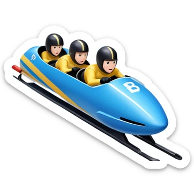 An icon featuring a sleek bobsled with athletes racing down an icy track at high speed, helmets on and bodies aligned for aerodynamics. The scene is set in a stunning snowy mountain valley with pine trees, spectators, and crisp blue sky. Transparent background captures the thrill of bobsleigh. sticker