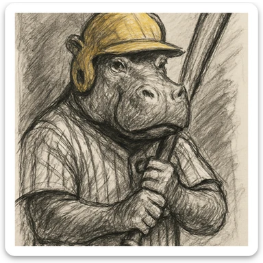 hippo holding a baseball bat, wearing a yellow helmet, pinstripes outfit sticker