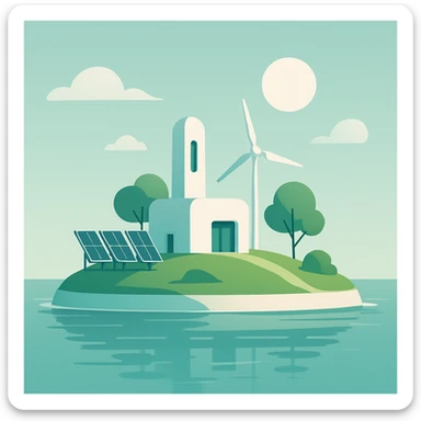 a very small remote island in a scifi solarpunk world, minimalist design, simple shapes, clean lines, a few solar panels, surrounded by water, serene and modern sticker