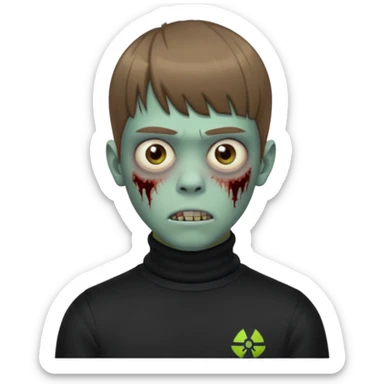 Crie um emoji de um menino com o cabelo castanho claro com uma franja reta e o corte low fade zumbi blusa de gola alta da adidas sticker