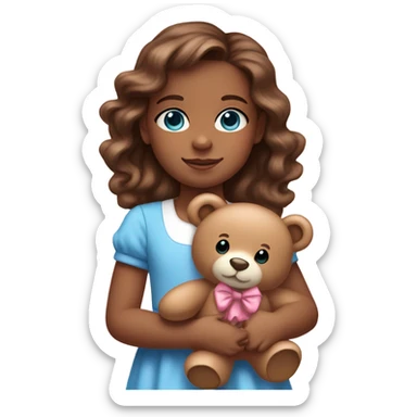 Little Girl with fair (brown) skin, blue eyes. Long brown wavy loose hair and a pink bow in it. She is wearing a pink and White dress, standing and holding on to a teddybear. sticker