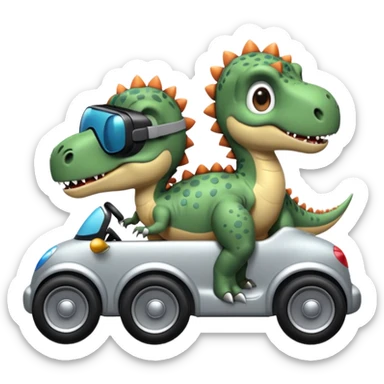 Tres dinosaurios bebés grises cada uno subido en un carro tecnológico blanco con lentes de realidad virtual sticker