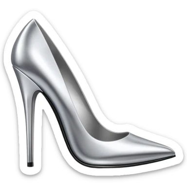 A pair of high heel shoes emoji made of polished silver chrome, elegant sharp silhouette, smooth metallic surface, glossy reflections, luxury sexy vibe, minimalistic iOS emoji style, centered, clean white background sticker