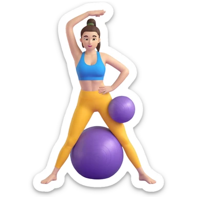 Yellow-skinned girl with high ponytail wearing blue sports bra and navy yoga pants doing yoga with a large exercise ball sticker