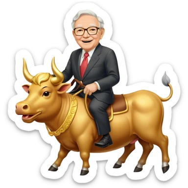 happy Warren Buffet riding golden bull sticker