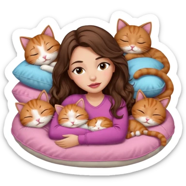 girl with long wavy brown hair, brown eyes, long lashes makeup, sexy pink lips, light to medium complexion, sleeping on a cozy pillow, with 6 cute cats, sleeping sticker