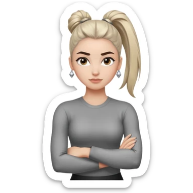 ทำสีตาสีเทาเท่ ๆ มีประกายคม
คิ้วได้รูป มองแล้วดูสตรอง
ผมหางม้าสูง
ลุคสตรีทแฟชั่น
ท่าโพสกอดอก
ฟีล: Girl Boss, cool beauty, minimal but powerful sticker