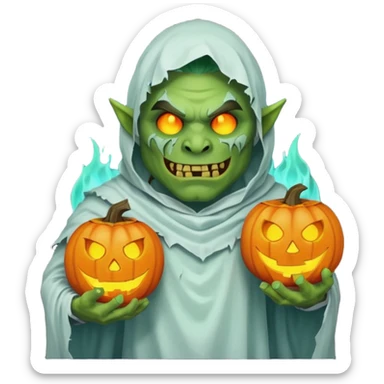 male orc warrior ghost emoji, green skin, wearing torn white ghost sheet costume, holding glowing jack-o'-lantern, faint blue aura, friendly but spooky expression, Halloween fantasy theme, Apple emoji style, clean white background, square sticker