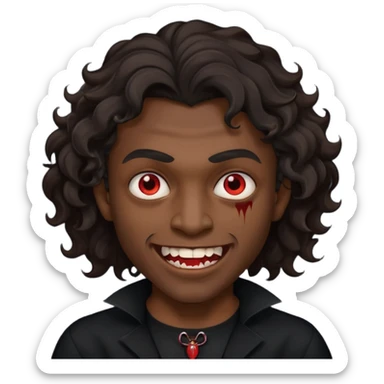 black skinned person with a black shirt on make the haircut have waves with vampire teeth sticker