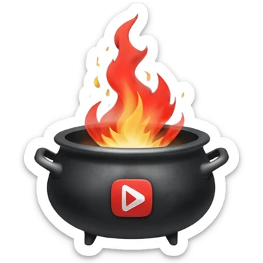 A black cauldron with lot of smoke rising, and the white YouTube play button logo floating above the smoke, red fire on the bottom sticker