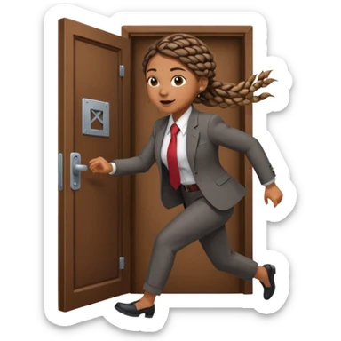 brown skinned female with braids in business attire running out of door sticker